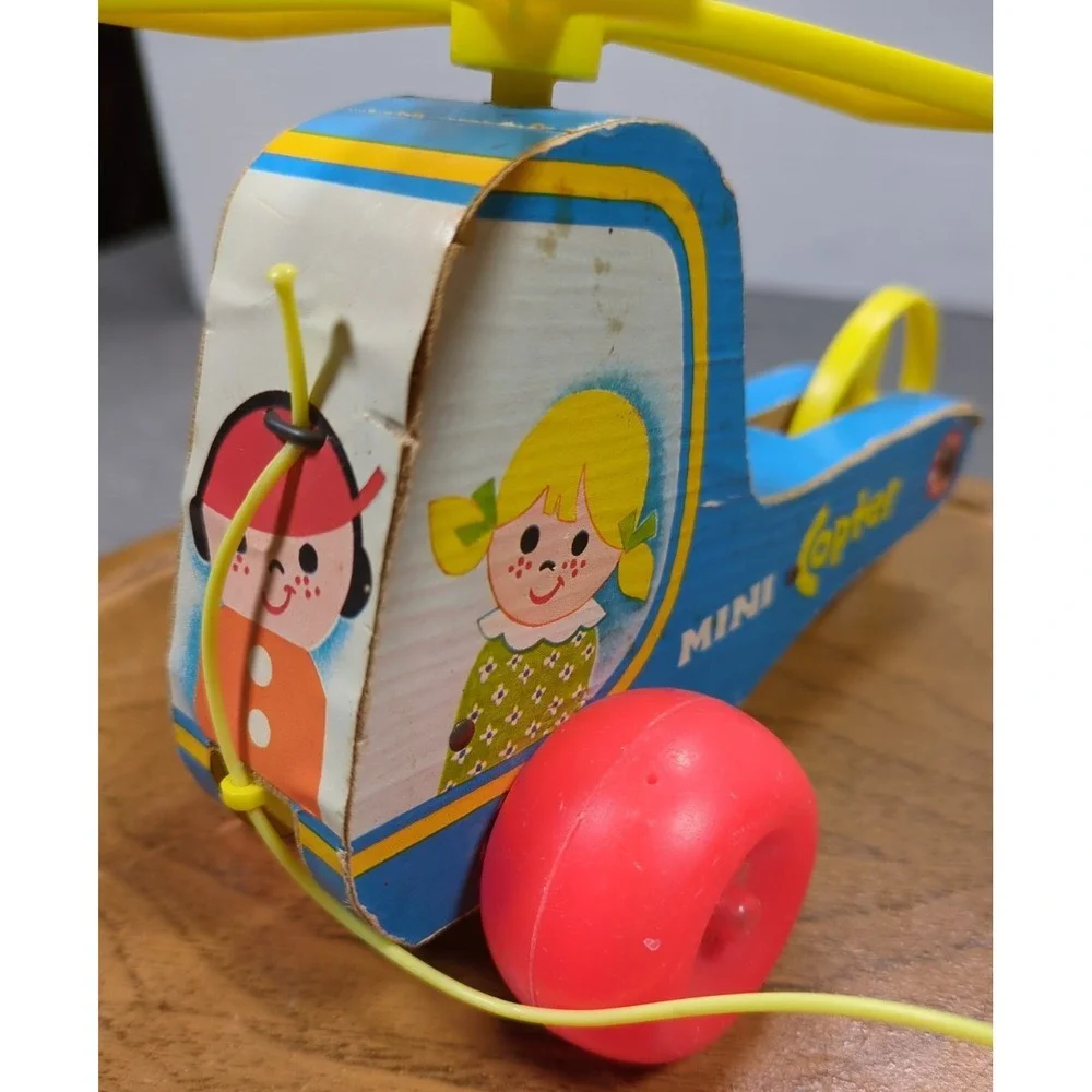 Vtg 1970 Fisher Price Mini Copter Pull Toy 448 Wood Helicopter Works Gnawd Strng